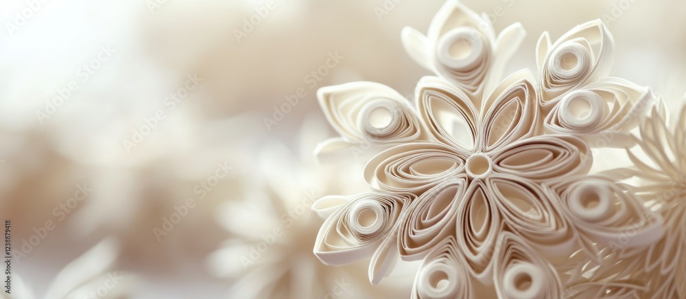 Poster decorative white paper quilling snowflake with soft background and copy space for text