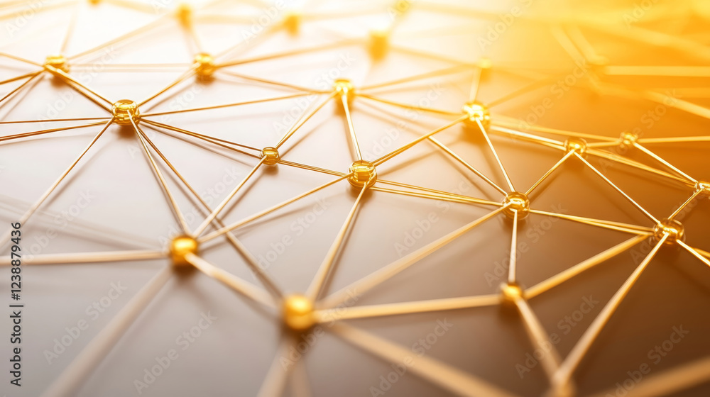 Poster close up shot of interconnected blockchain layers, showcasing network of nodes and connections. gold