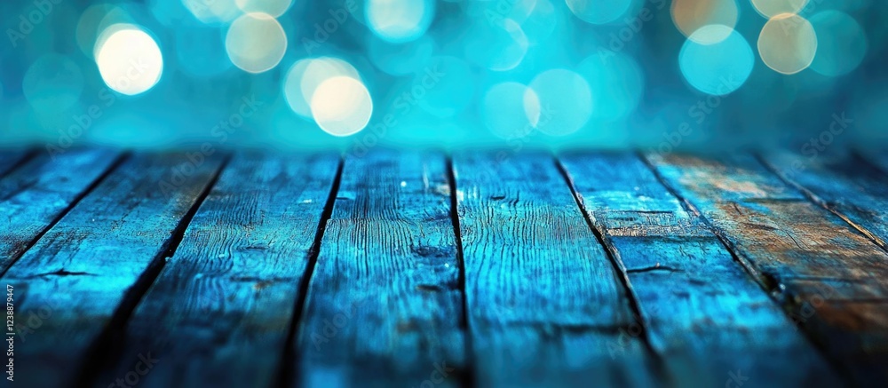 Poster rustic wooden table with blue bokeh background and copy space