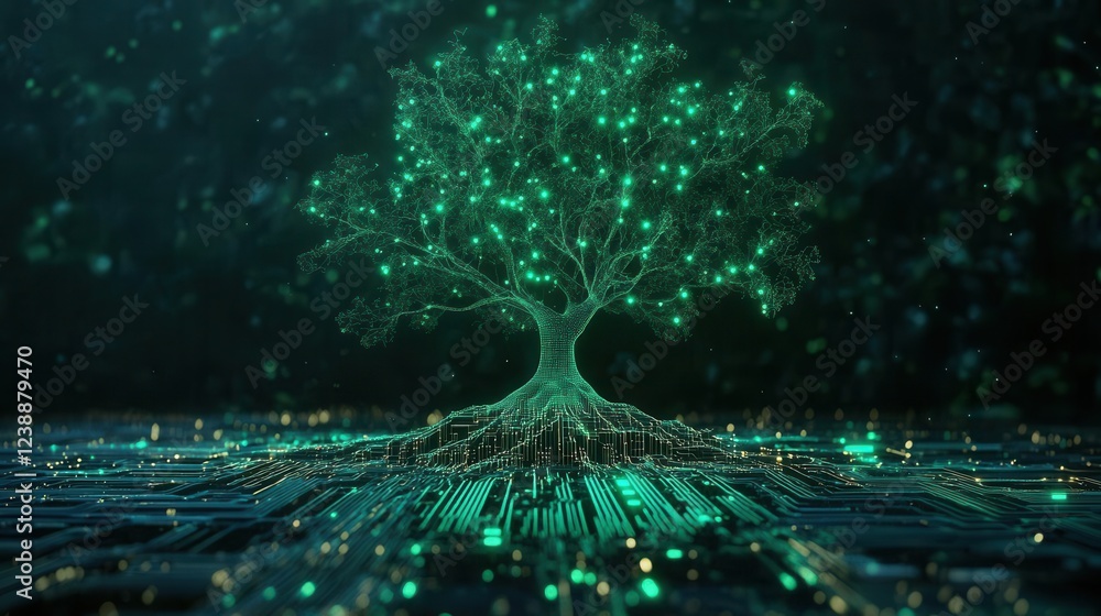 Aufkleber digital wireframe tree growing from circuit board roots, merging nature and technology, glowing gree