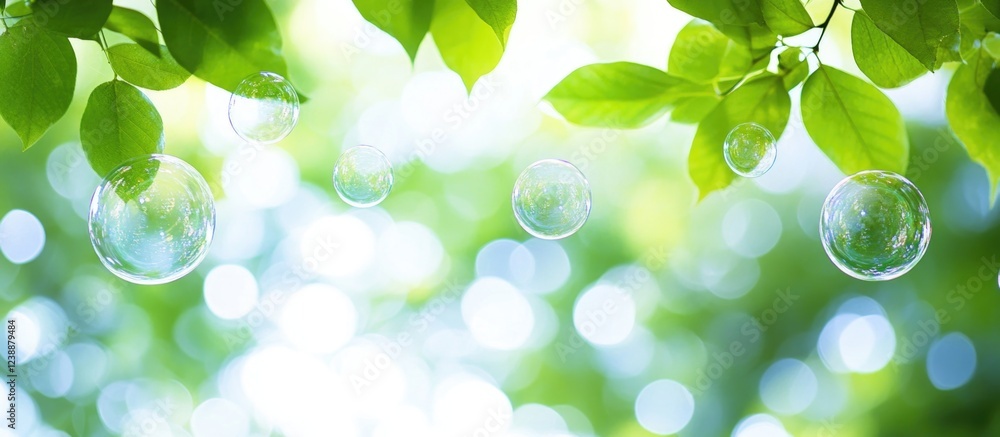 Poster green tree leaves and bubbles with sunlight bokeh background and copy space