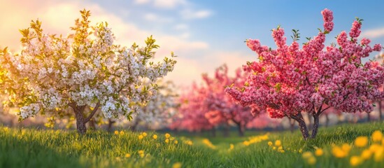 Blooming fruit trees in orchard during spring with vibrant blossoms and clear sky
