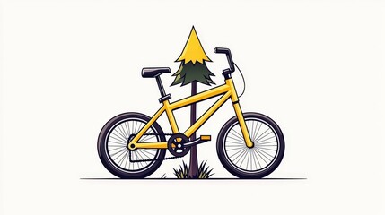 Naklejka premium Bright Yellow Bicycle Leaning Against Green Pine Tree and Grass in Minimalist Style