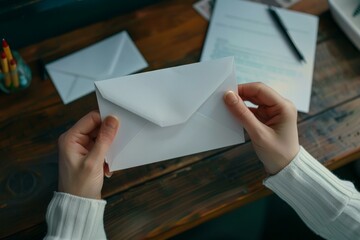 Woman holding an empty white envelope with a second envelope and paperwork in the background