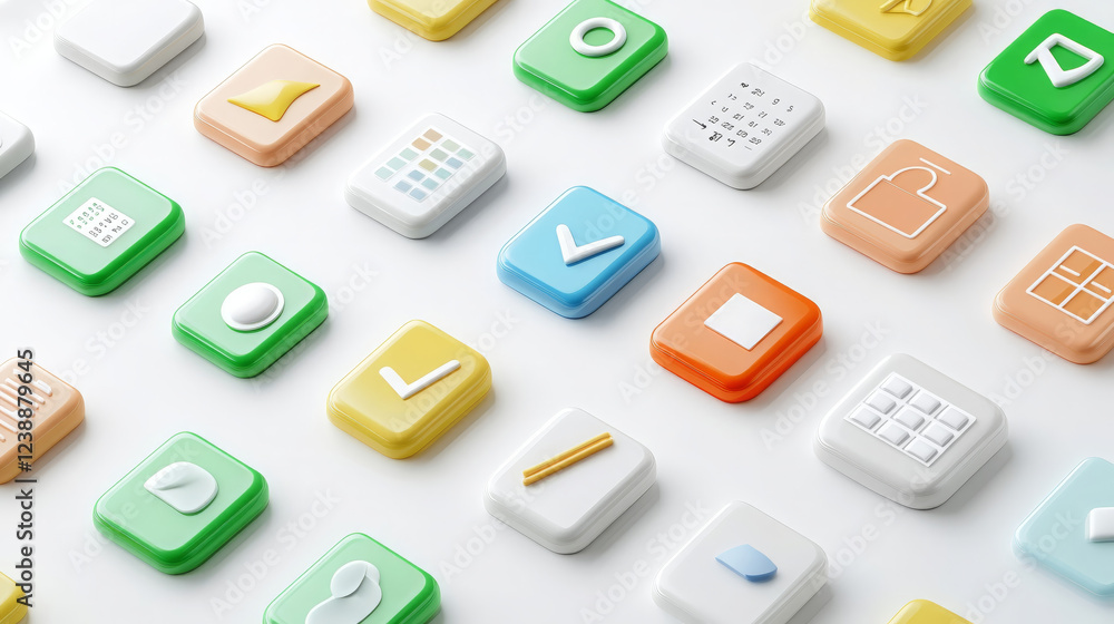 Poster close up view of pastel colored icons representing various functions and applications, arranged neat