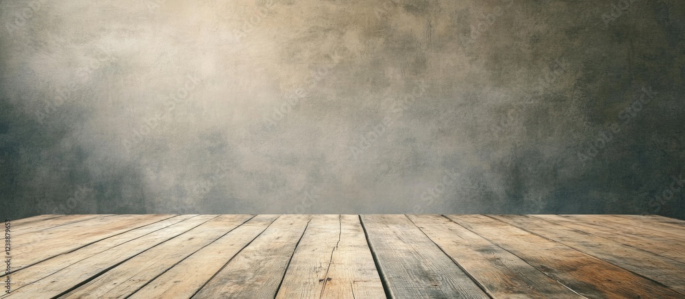 Poster wooden table and textured wall background with copy space for text placement.