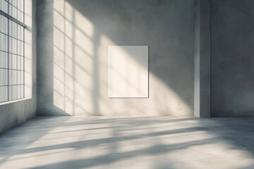 Obraz premium Blank canvas on grey wall in sunlit industrial room.