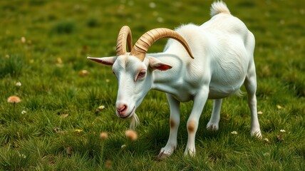 Obraz premium Goat grazing on lush green grass in a serene pastoral setting during daylight hours