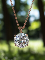Rose Gold Solitaire Necklace:  A stunning solitaire diamond pendant necklace, showcasing a large, brilliant-cut clear stone set in rose gold.