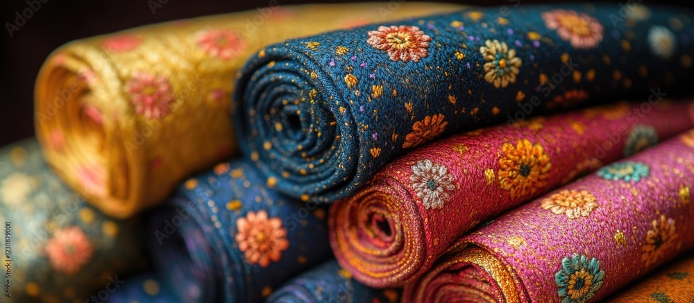 Poster colorful rolled fabrics with floral patterns showcasing intricate designs and textures stacked toget