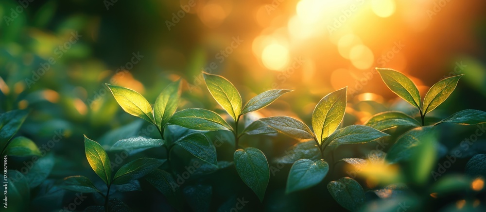 Poster green leaves with sunlight in the background creating a natural bokeh effect and soft shadows copy s