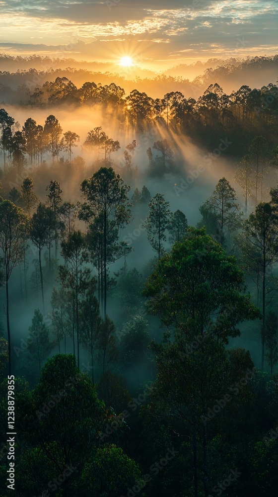 Poster soft golden light emerges as the sun rises, casting ethereal rays through the misty trees. a tranqui