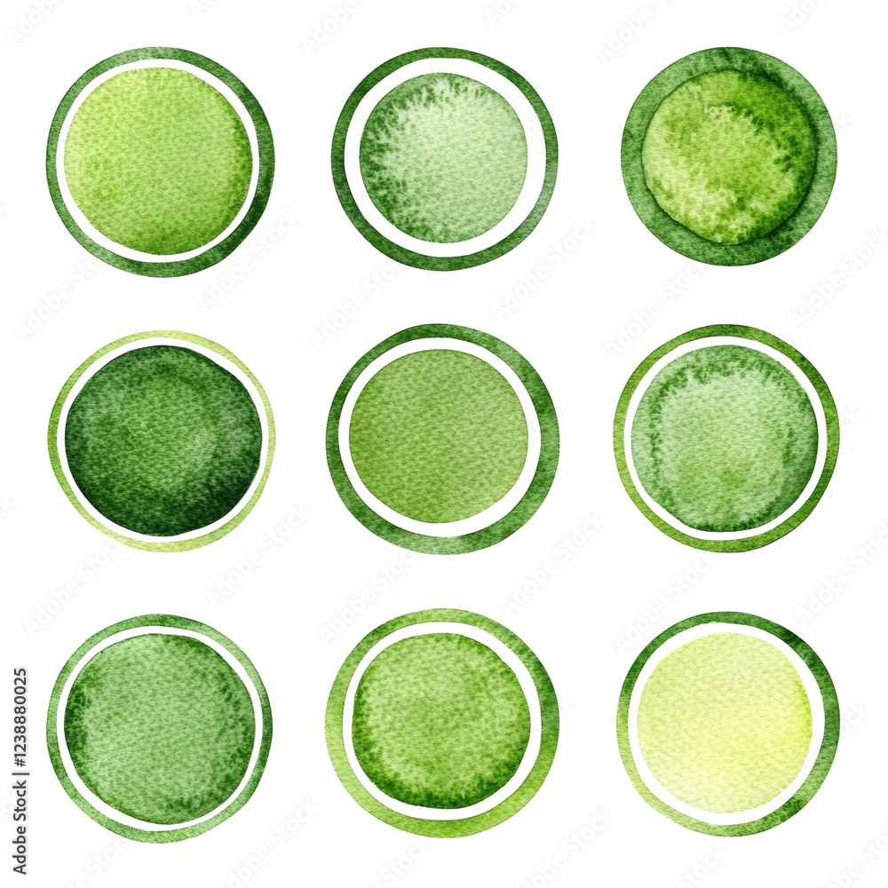 Poster the image shows nine watercolor circles in varying shades of green on a black background. they are a
