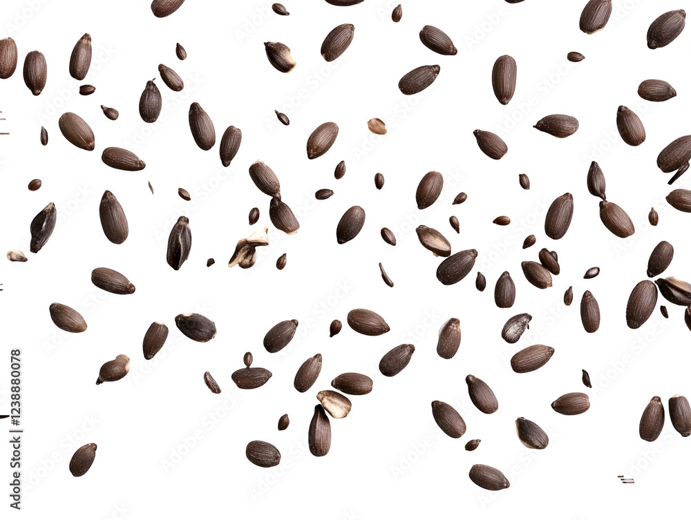 Poster sunflower seeds scattered and floating in mid-air against a png background, creating a dynamic and v