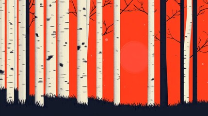 Obraz premium Birch Forest Silhouette at Sunset