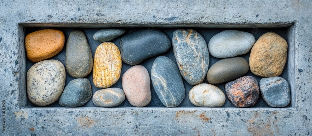 Poster colorful smooth pebbles arranged in rectangular cement frame texture