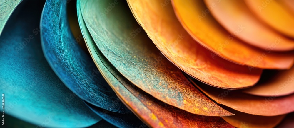 Poster colorful abstract paper layers in soft focus displaying a gradient of warm and cool tones with textu