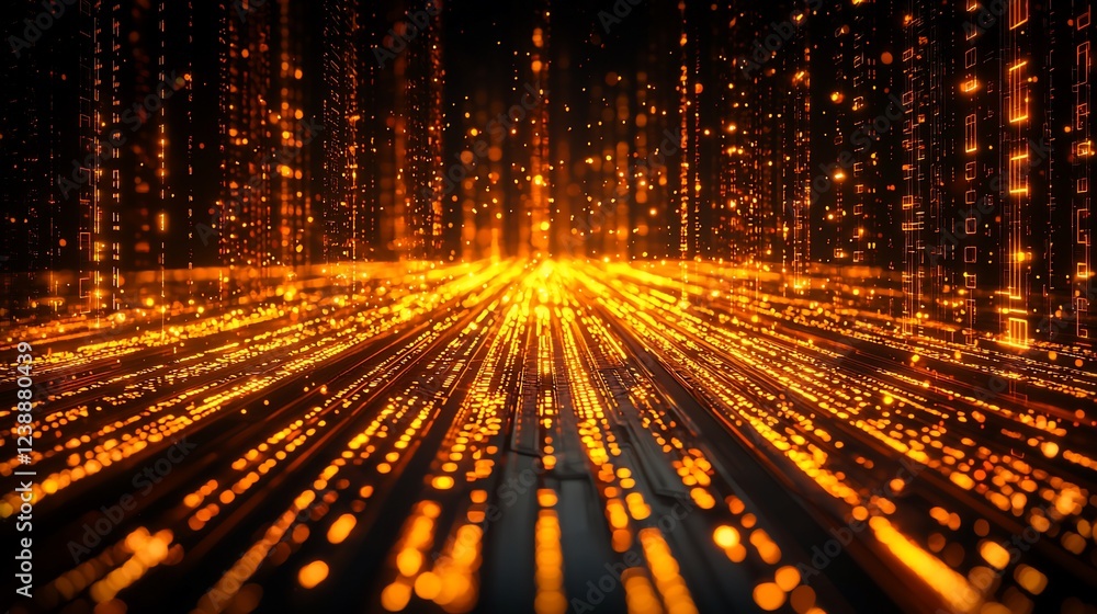 Poster golden data stream converging, futuristic background