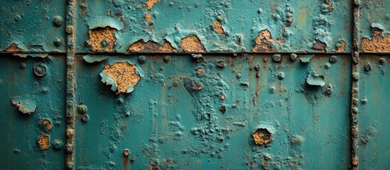 Naklejka premium Rusty teal metal surface with peeling paint and texture panels in close-up view