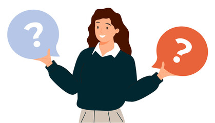 Make choice, decision concept. Puzzled business woman doubting, deciding, setting priorities.