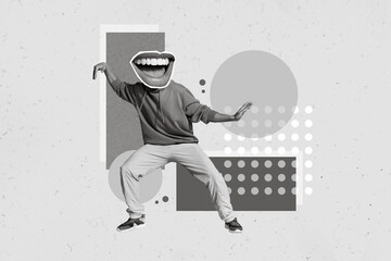 Creative abstract template collage of funny young man hoodie big smiling mouth instead head toothy...