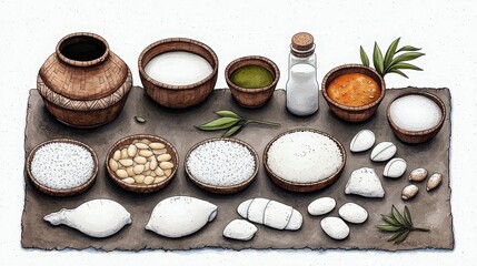 Traditional Cooking Ingredients Displayed on Rustic Table, Featuring Various Ingredients and Utensils