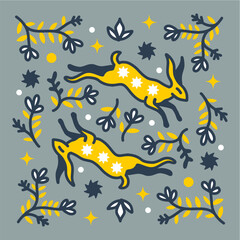 Rabbit hand drawn flat floral illustration modern colored flower leaves vector tropical elements simple abstract style