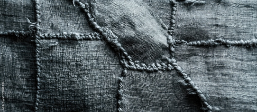Poster close-up of rustic patchwork textile with visible stitching detail and texture