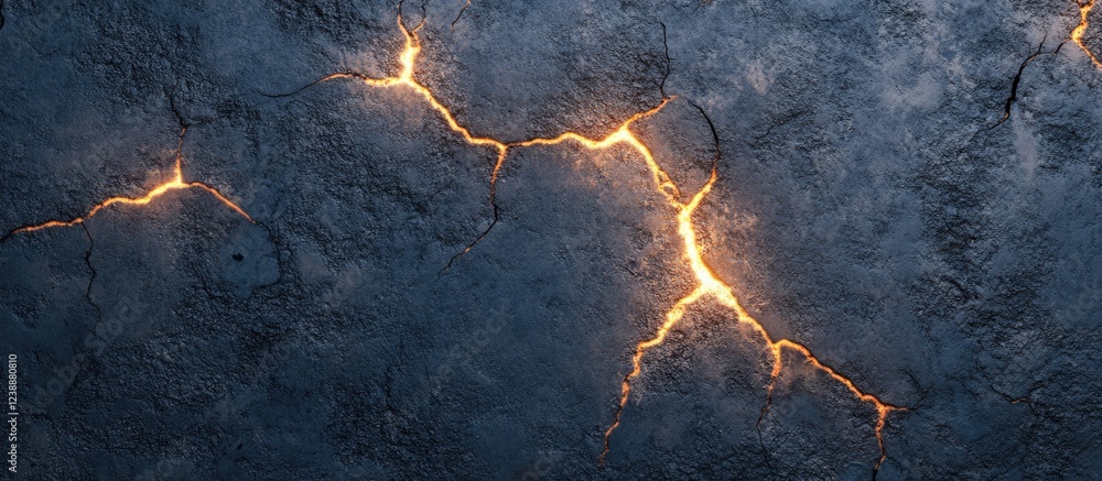 Poster glowing cracks in dark stone surface texture with illuminated fissures and copy space