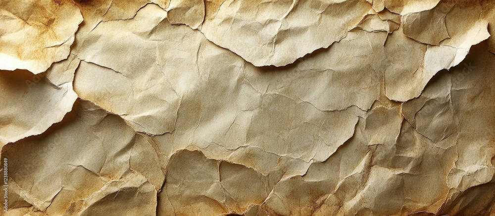 Poster abstract textured crumpled beige paper background with layered torn edges and copy space