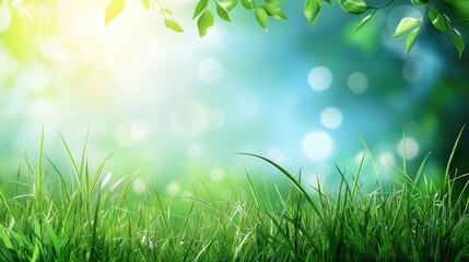 Obraz premium Sunny green grass field with blurred bokeh background and leaves hanging above, copy space