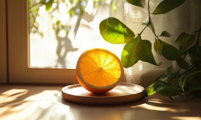 Sunlit Orange Slice on Wooden Tray near Window with Greenery