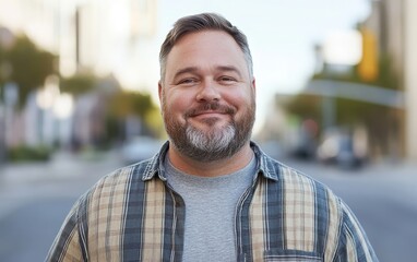 Fototapeta premium Casual Man in a Quiet City Street: A relaxed portrait of a chubby man with a beard standing on a quiet street corner. He wears a plaid shirt and a gray t-shirt, smiling at the camera. 