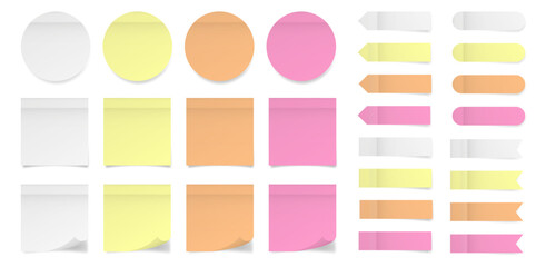 Set of square and round paper stickers. Stick in notes. White, yellow, pink and orange colors. Multicolor post it notes. Sheets of paper. Tag, sticky note. Pointed bookmarks