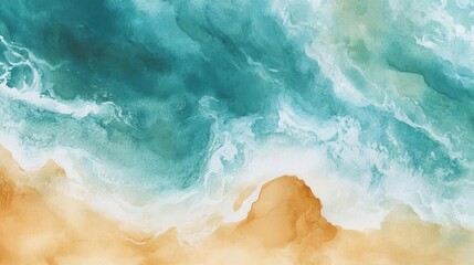 Fototapeta premium dreamy watercolor aerial seascape with turquoise waters meeting sandy shores, fluid brush strokes creating organic patterns viewed from above, perfect for wide format designs