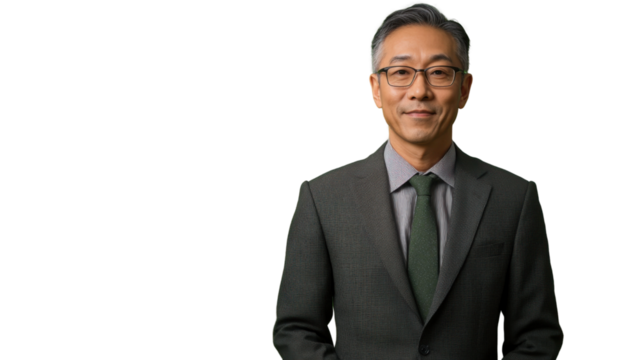 Smiling businessman wearing suit and tie on transparent background