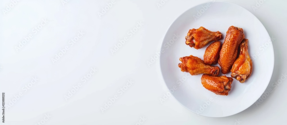 Aufkleber plate of chicken wings on a white surface with copy space for text placement on the left.