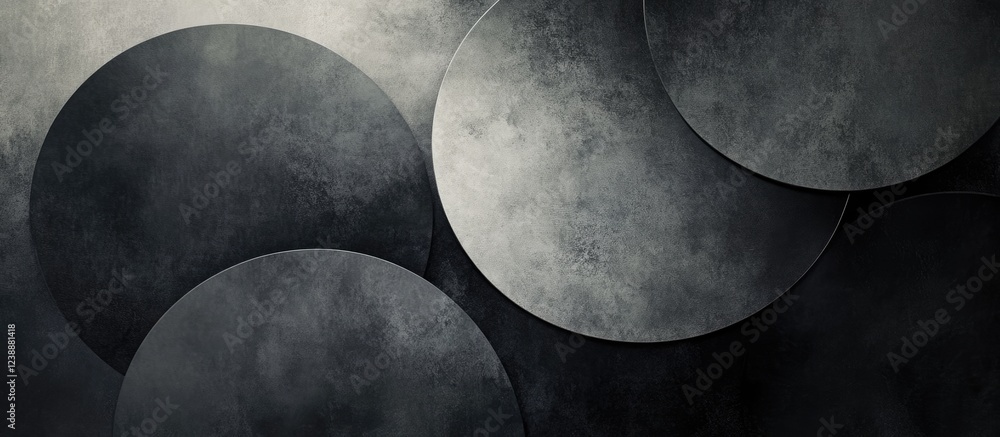 Poster abstract overlapping circular shapes with textured gradient in dark tones and subtle lighting effect