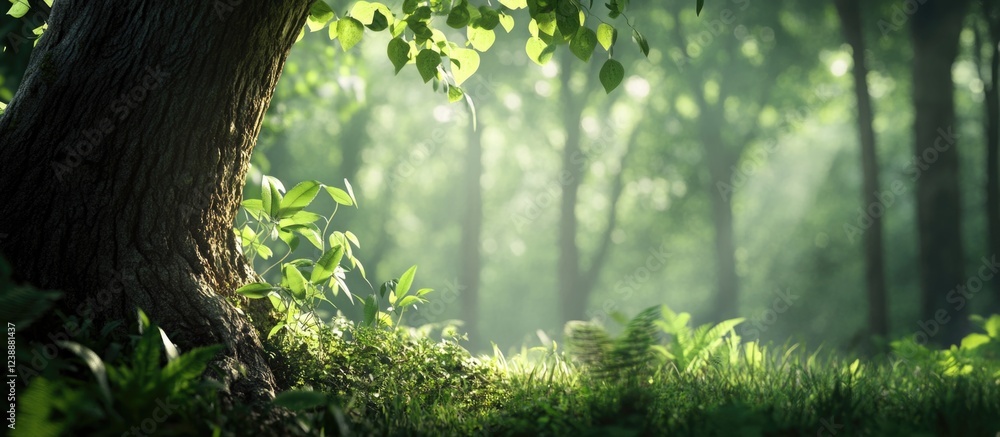 Poster sunlit forest scene with lush greenery and tree trunk in foreground