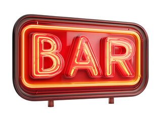 Retro red neon "BAR" sign glowing brightly isolated on transparent background, PNG, cut out