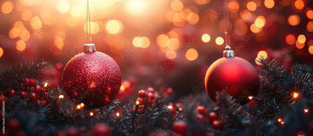 Poster red christmas ornaments on tree branches with warm bokeh lights in the background