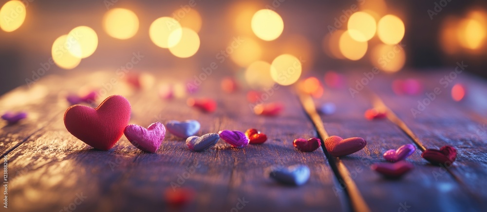 Poster heart-shaped confetti on rustic wooden table with blurred bokeh lights in background