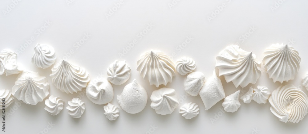 Poster assorted white seashells on a white background with space for text