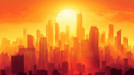 Fototapeta premium dystopian cityscape under intense orange sky, heat distortion waves rippling through towering skyscrapers, smog-filled atmosphere with a blazing sun casting harsh shadows