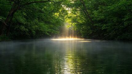 Fototapeta premium Sunbeams Illuminating Misty River in Lush Green Forest Nature Serenity Landscape Photography