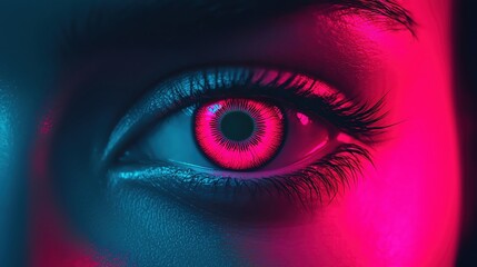 Close-up of a human eye illuminated with vibrant blue and pink light effects.