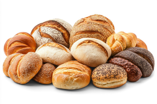 A variety of freshly baked bread rolls including crusty loaves and soft buns are neatly 