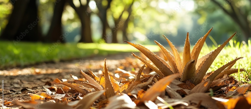 Poster close-up of autumn leaves on a sunlit forest path with dappled light filtering through trees