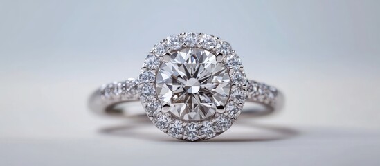 Diamond halo engagement ring with intricate band on neutral background.