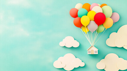 Colorful balloons lift a small house amidst fluffy clouds against a bright blue sky